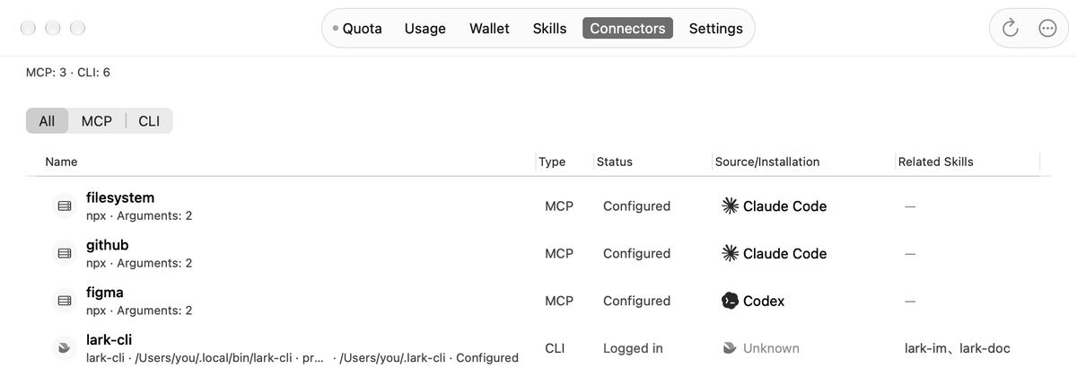 Partial connector list showing three demo MCP servers and a public CLI, with type, status, source and filters.
