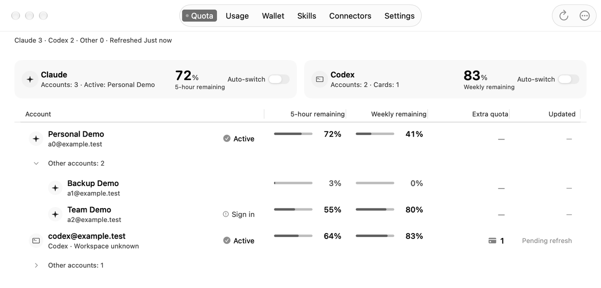 Kitcarry quota view with demo Claude and Codex accounts and their remaining quota.