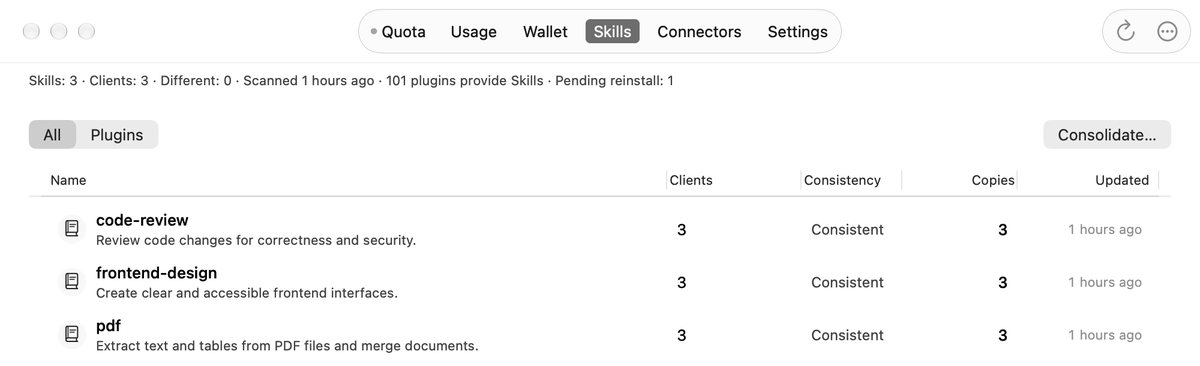 Skills inventory showing fixture Skills, client coverage and differing copies.