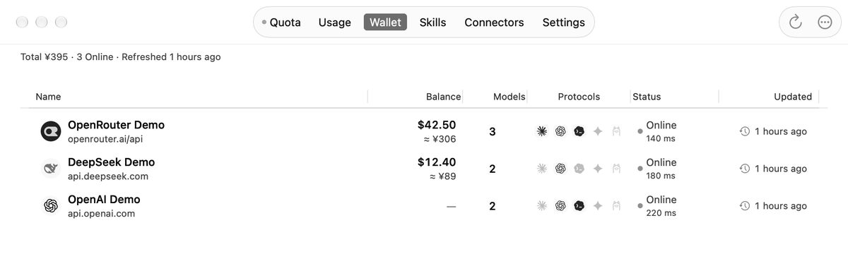Wallet list showing demo API-key aliases, supported balances, models and protocols.